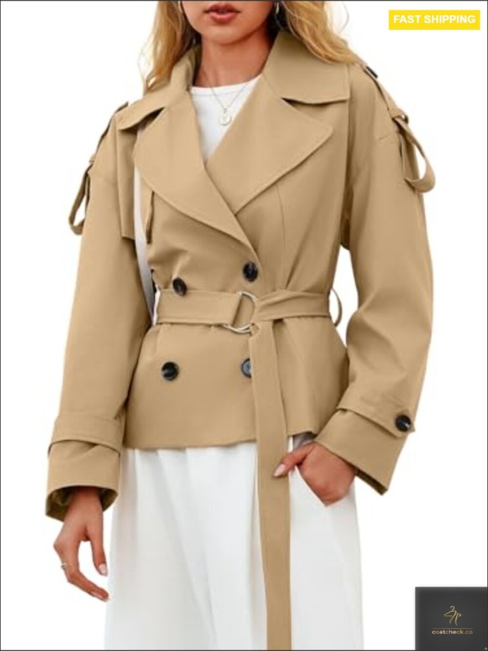 Cropped Trench Coat Double Breasted Short Jacket Windproof Belted Fall Fashion - Picture 2 of 7